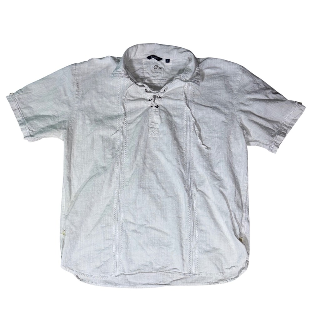 Mens White Lace Up Linen Guayabera Short Sleeve Shirt Size L Tropical Beach Boho
